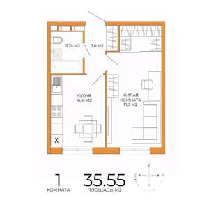1-к квартира, строящийся дом, 36м2, 2/18 этаж
