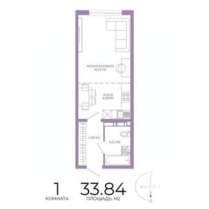 1-к квартира, строящийся дом, 34м2, 10/17 этаж