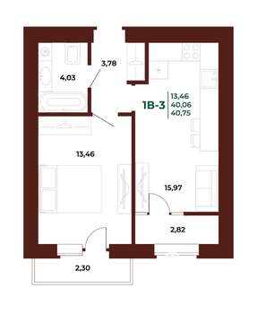 1-к квартира, вторичка, 41м2, 14/17 этаж