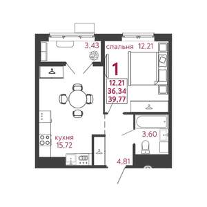 1-к квартира, вторичка, 40м2, 7/12 этаж