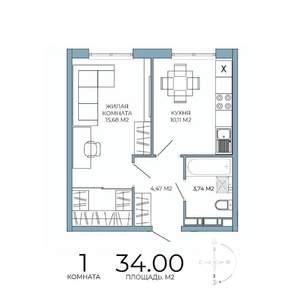 1-к квартира, строящийся дом, 34м2, 3/18 этаж
