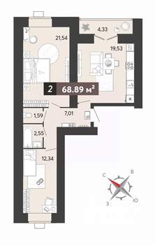 2-к квартира, вторичка, 69м2, 2/16 этаж