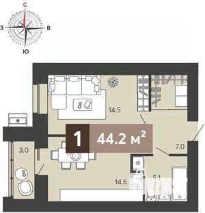 1-к квартира, сданный дом, 44м2, 1/17 этаж