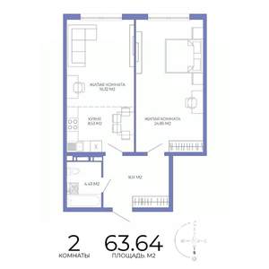 2-к квартира, строящийся дом, 64м2, 6/17 этаж
