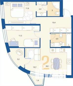 2-к квартира, вторичка, 68м2, 13/16 этаж