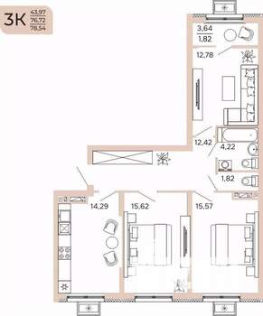 3-к квартира, вторичка, 79м2, 12/17 этаж