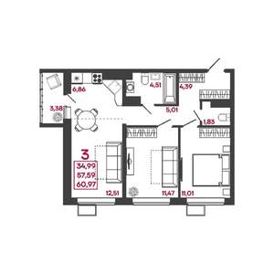 3-к квартира, вторичка, 61м2, 13/17 этаж