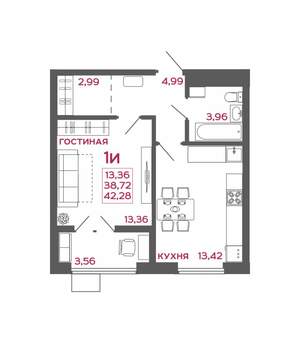 1-к квартира, вторичка, 42м2, 8/22 этаж