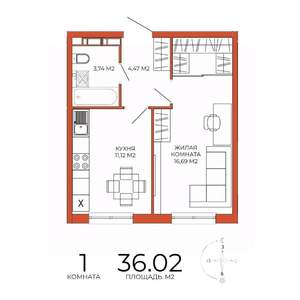 1-к квартира, строящийся дом, 36м2, 11/18 этаж