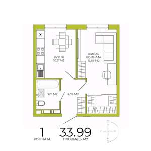 1-к квартира, строящийся дом, 34м2, 3/18 этаж