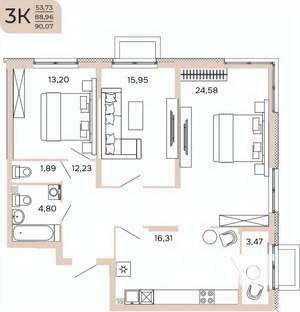 3-к квартира, вторичка, 90м2, 12/17 этаж