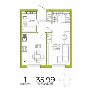 1-к квартира, строящийся дом, 36м2, 14/18 этаж