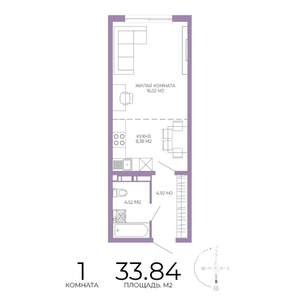1-к квартира, строящийся дом, 34м2, 6/17 этаж