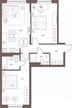 2-к квартира, вторичка, 74м2, 3/16 этаж