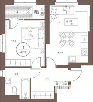1-к квартира, вторичка, 47м2, 9/16 этаж