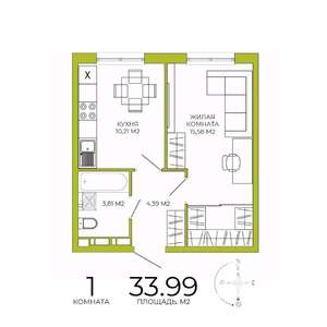 1-к квартира, строящийся дом, 34м2, 3/18 этаж