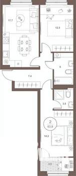 2-к квартира, вторичка, 64м2, 2/16 этаж