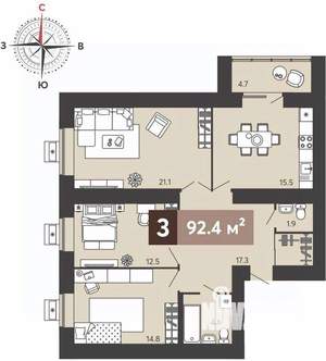 3-к квартира, вторичка, 92м2, 3/17 этаж