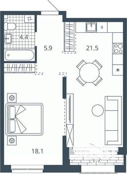 1-к квартира, вторичка, 52м2, 5/24 этаж