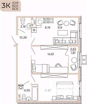 3-к квартира, вторичка, 68м2, 2/17 этаж