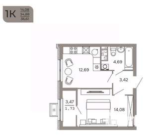 1-к квартира, вторичка, 37м2, 12/17 этаж