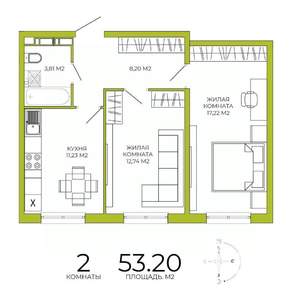 2-к квартира, вторичка, 53м2, 6/18 этаж