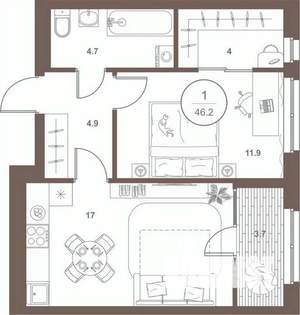 1-к квартира, вторичка, 46м2, 6/16 этаж