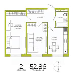 2-к квартира, строящийся дом, 53м2, 3/18 этаж