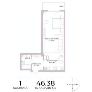 1-к квартира, строящийся дом, 46м2, 12/17 этаж