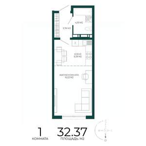 1-к квартира, строящийся дом, 32м2, 16/17 этаж