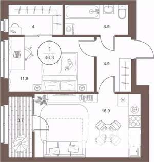 1-к квартира, вторичка, 46м2, 3/16 этаж