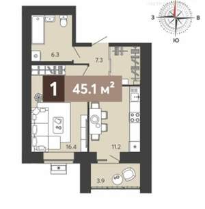 1-к квартира, вторичка, 45м2, 13/17 этаж