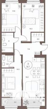 3-к квартира, вторичка, 87м2, 2/16 этаж