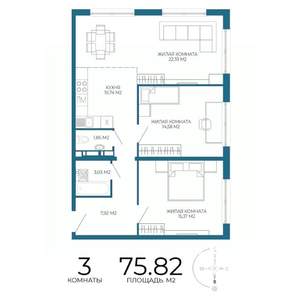 3-к квартира, строящийся дом, 76м2, 13/17 этаж