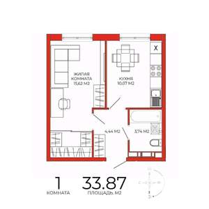 1-к квартира, строящийся дом, 34м2, 2/18 этаж
