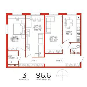 3-к квартира, строящийся дом, 97м2, 4/18 этаж