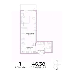 1-к квартира, строящийся дом, 46м2, 14/17 этаж