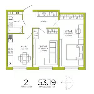 2-к квартира, строящийся дом, 53м2, 10/18 этаж