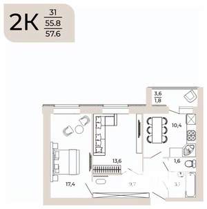 2-к квартира, вторичка, 58м2, 4/10 этаж