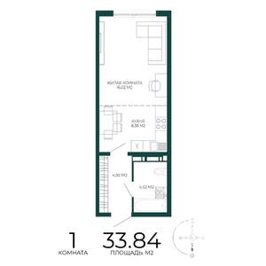 1-к квартира, строящийся дом, 34м2, 16/17 этаж