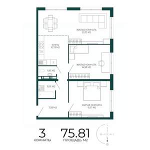 3-к квартира, строящийся дом, 76м2, 10/17 этаж