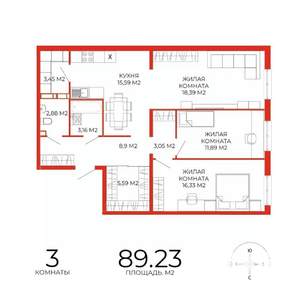 3-к квартира, строящийся дом, 89м2, 11/18 этаж