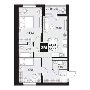 3-к квартира, вторичка, 60м2, 1/20 этаж