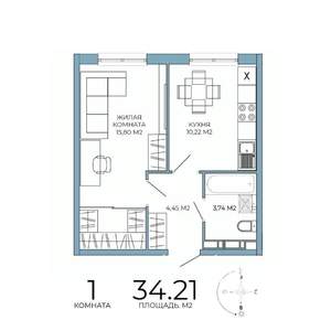 1-к квартира, строящийся дом, 34м2, 16/18 этаж