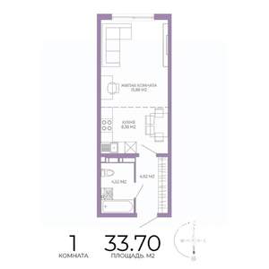 1-к квартира, строящийся дом, 34м2, 5/17 этаж