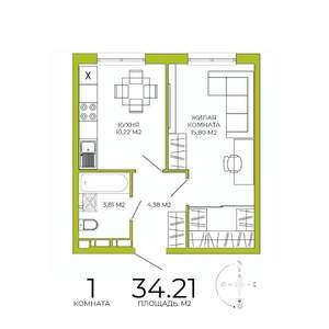 1-к квартира, строящийся дом, 34м2, 15/18 этаж
