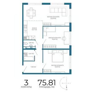 3-к квартира, строящийся дом, 76м2, 8/17 этаж
