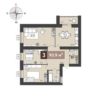 3-к квартира, вторичка, 94м2, 8/17 этаж