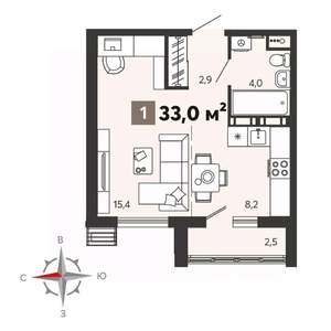 1-к квартира, строящийся дом, 33м2, 2/16 этаж