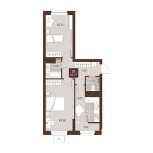 2-к квартира, вторичка, 52м2, 16/22 этаж